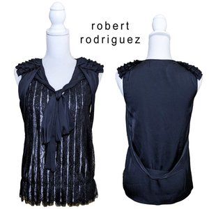 ROBERT RODRIGUEZ Black Pleated Lace & Silk Sleeveless Top w/ Bow NWT